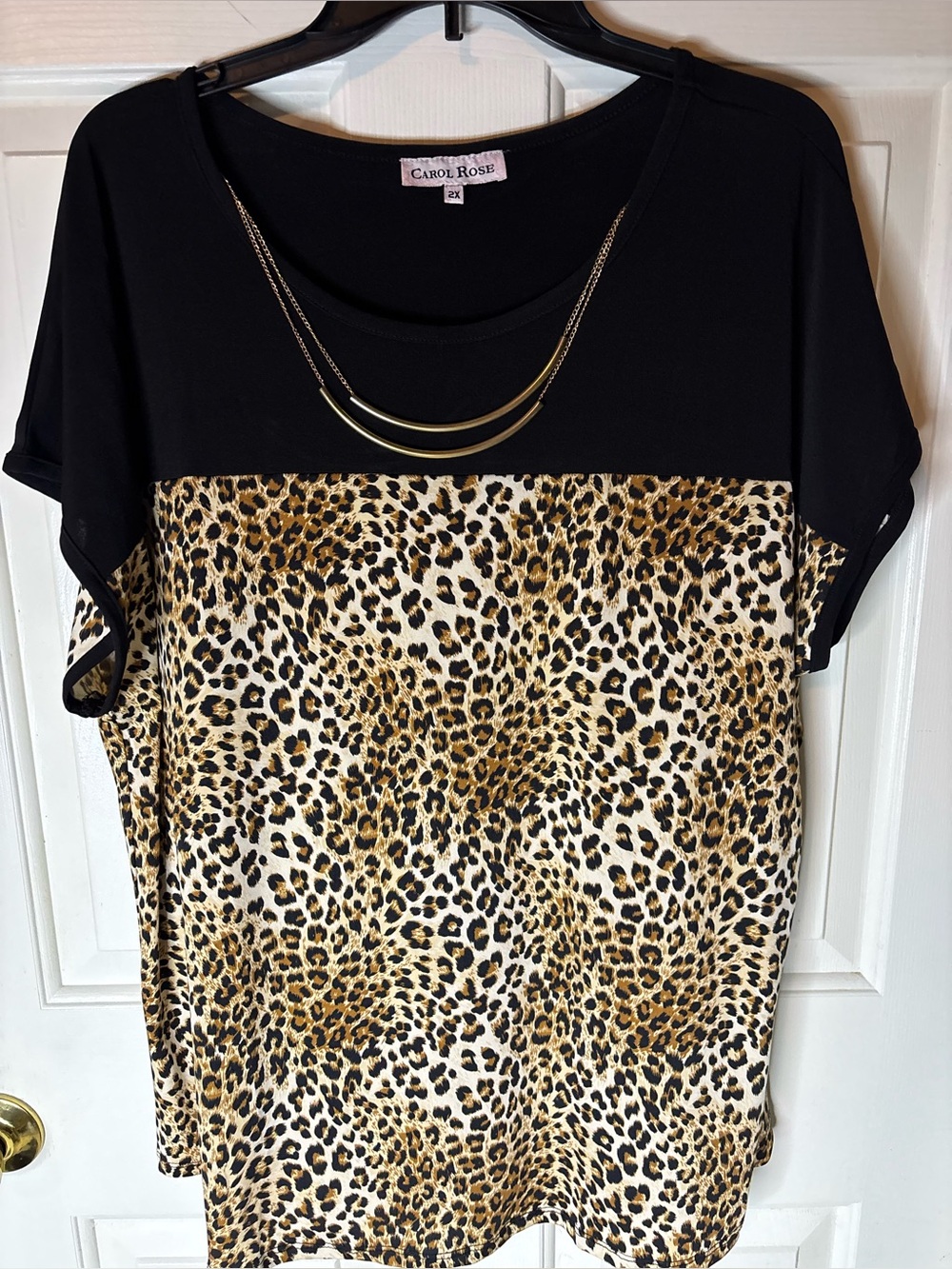 Women’s Black & Leopard Print Short-Sleeve Blouse Size 2X Like New